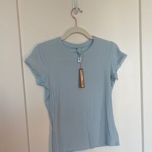 SKIMS Light Blue Ribbed Short Sleeve Tee with Lace Trim sz L